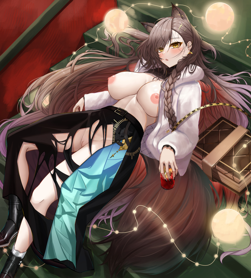 1girl absurdres animal_ear_fluff animal_ears arknights black_nails black_skirt blush book braid breasts brown_hair cup earrings extra_ears highres holding holding_cup jacket jewelry large_breasts long_hair long_sleeves looking_at_viewer lying nipples no_bra no_panties official_alternate_costume open_clothes open_jacket parted_lips penance_(arknights) penance_(occasionally_flushed)_(arknights) pussy skirt solo torn_clothes torn_skirt vailtred white_jacket wolf_ears yellow_eyes