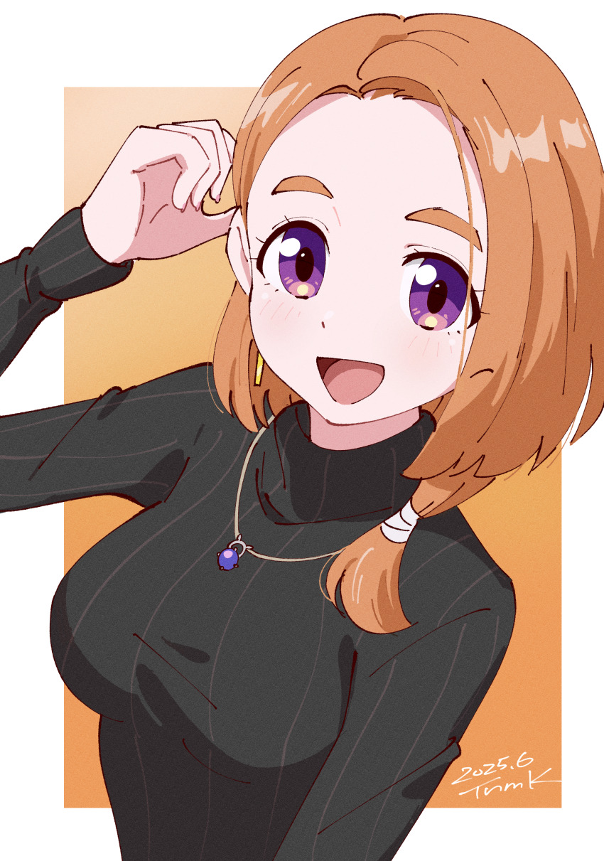 1girl :d absurdres artist_name black_shirt breasts brown_hair dated earrings hand_up highres jewelry long_sleeves looking_at_viewer medium_breasts medium_hair necklace open_mouth orange_background purple_eyes shirt shiunji-ke_no_kodomotachi shiunji_banri smile solo sweater thick_eyebrows tsunemoku turtleneck turtleneck_sweater