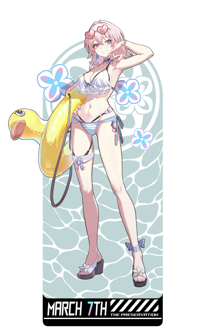 1girl absurdres armpits bad_id bad_pixiv_id belt bikini black_choker blue_bikini blue_eyes blue_ribbon blush breasts caustics choker collarbone duck_innertube eyewear_on_head full_body hair_between_eyes hand_on_own_hip heart heart-shaped_eyewear high_heels highres honkai:_star_rail honkai_(series) huiqian large_breasts march_7th_(honkai:_star_rail) medium_hair multicolored_eyes navel pink-tinted_eyewear pink_eyes pink_hair ribbon ribbon_earrings sandals side-tie_bikini_bottom simple_background smile solo standing stomach strap_pull strappy_heels striped_bikini striped_clothes sunglasses swim_ring swimsuit thigh_belt thigh_strap thighs tinted_eyewear toes two-tone_eyes wedge_heels white_background wristband