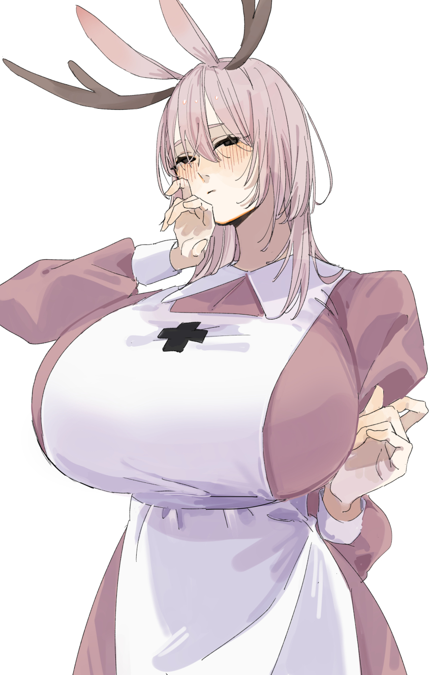 1girl absurdres animal_ears apron black_eyes blush breasts closed_mouth collared_dress commentary contrast_collar cowboy_shot dress hand_up highres horns huge_breasts jackalope_(neyaneyashiteru) jackalope_girl juliet_sleeves long_sleeves medium_hair monster_girl neyaneyashiteru original pink_dress pink_hair puffy_sleeves rabbit_ears simple_background solo standing white_apron white_background white_sleeve_cuffs
