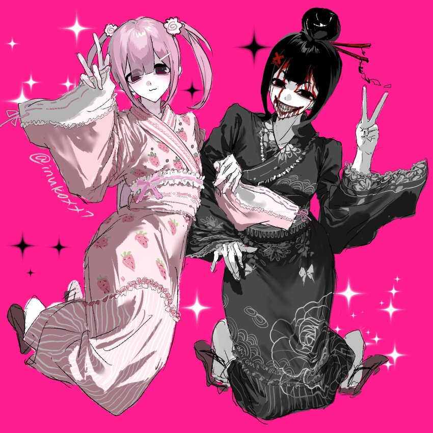 2girls :3 black_hair black_kimono commentary dilated_pupils english_commentary full_body geta hair_bun hair_ornament hair_stick highres inukoxx77 japanese_clothes kimono locked_arms looking_at_viewer multiple_girls original pink_background pink_hair pink_kimono polar_opposites red_eyes short_hair sparkle twintails v