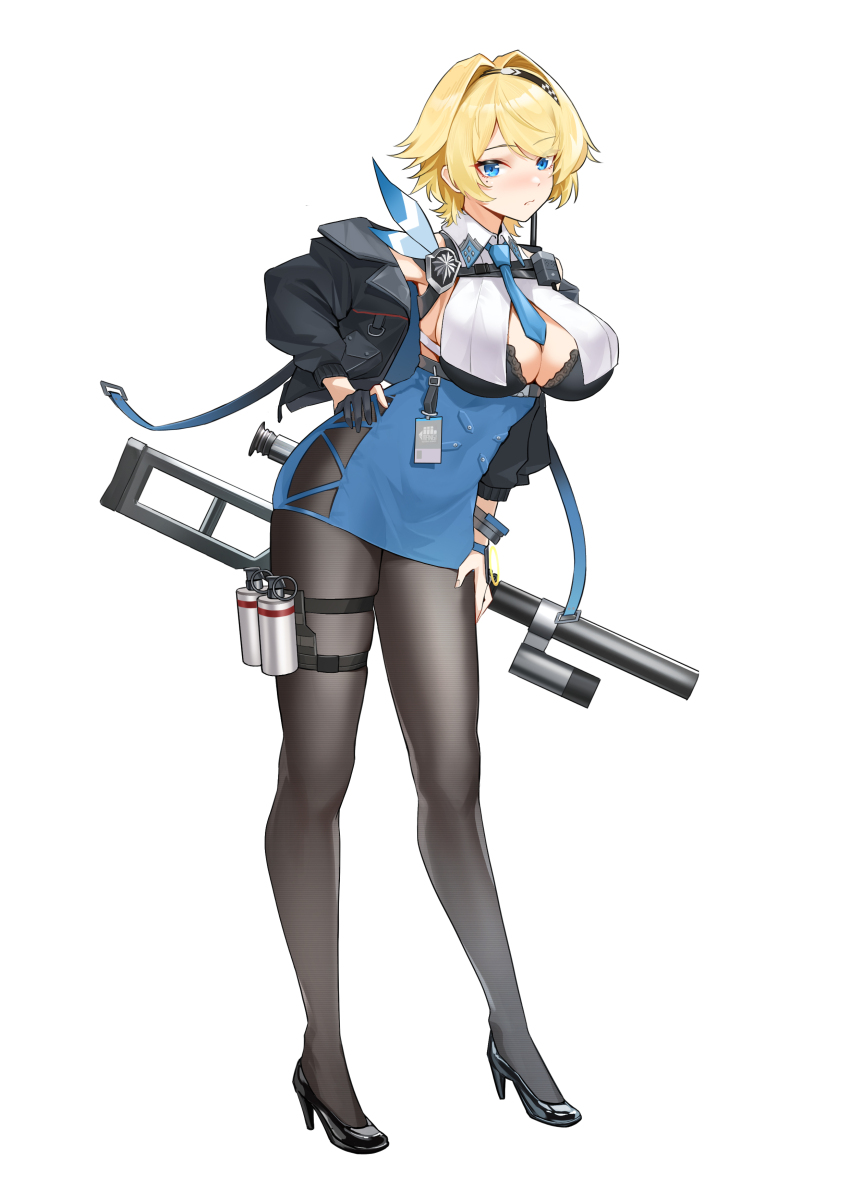 1girl absurdres black_bra black_gloves black_jacket black_pantyhose blonde_hair blue_eyes blush bra breasts cleavage closed_mouth commentary cross-laced_clothes cross-laced_skirt full_body girls&#039;_frontline gloves hair_intakes hand_on_own_hip high_heels highres jacket large_breasts looking_at_viewer lord-erica nikketa_(girls&#039;_frontline_2) open_clothes open_jacket pantyhose partially_fingerless_gloves short_hair simple_background skirt solo standing underwear vsk-94_(girls&#039;_frontline) white_background