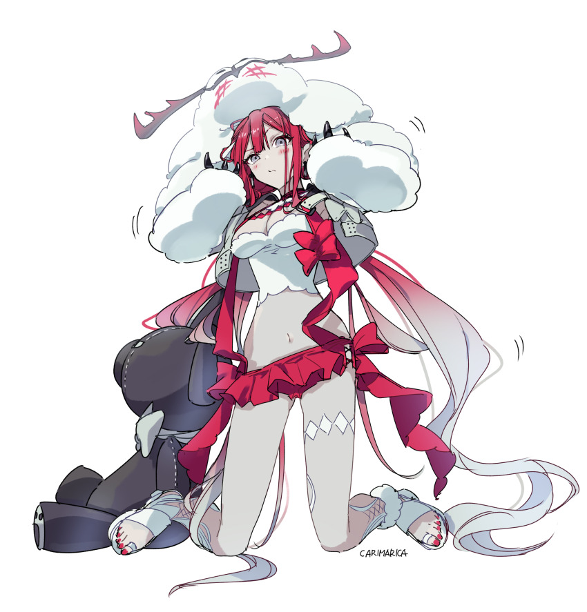 1girl arms_up artist_name baobhan_sith_(fate) baobhan_sith_(swimsuit_pretender)_(first_ascension)_(fate) blush bow breasts carimarica cernunnos_(fate) character_hood cleavage closed_mouth detached_collar fate/grand_order fate_(series) full_body grey_eyes headwear_with_attached_mittens highres jacket kneeling long_hair looking_at_viewer miniskirt navel open_clothes open_jacket red_bow red_hair red_nails red_skirt sidelocks skirt solo stuffed_animal stuffed_toy thighs toenails white_background white_bow white_footwear white_jacket