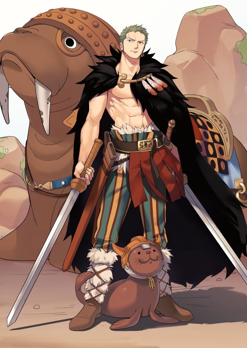1boy abs alternate_costume bara boots cape dual_wielding earrings feathered_cape green_hair highres holding holding_sword holding_weapon jewelry looking_to_the_side male_focus muscular muscular_male one_piece pants pectorals roronoa_zoro shironegi_zzz short_hair solo striped_clothes striped_pants sword topless_male vertical-striped_clothes vertical-striped_pants walrus weapon