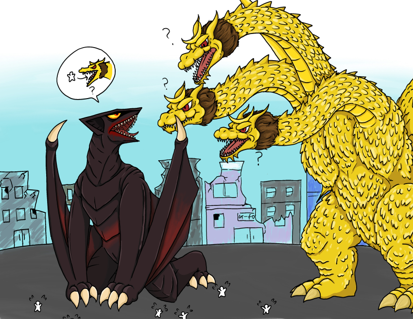 ? absurdres alien blood building city colored_sclera crowd daiei_motion_picture day deen5822 destruction eating gamera_(series) gamera_vs._gyaos ghidorah,_the_three-headed_monster giant giant_monster godzilla_(series) gyaos highres horns kaiju king_ghidorah mane monster multiple_heads open_mouth red_eyes running sharp_teeth space_monster teeth toho tongue wings yellow_sclera