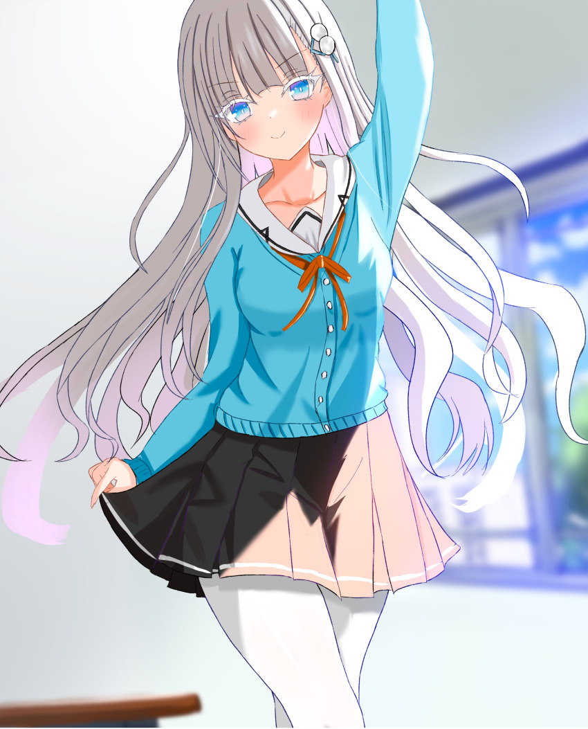 1girl absurdres aikotoba_-silver_snow_sister- aqua_cardigan black_skirt blue_eyes blunt_bangs blurry blurry_background blush bright_pupils c: cardigan closed_mouth colored_eyelashes commentary_request cowboy_shot day eyelashes floating_hair grey_hair hair_ornament highres hoshitsugu_shirone indoors long_hair long_sleeves miniskirt orange_ribbon pantyhose pleated_skirt pom_pom_(clothes) pom_pom_hair_ornament ribbon sailor_collar sakuratoru school_uniform serafuku sidelighting sidelocks skirt sleeves_past_wrists smile very_long_hair white_pantyhose white_pupils white_sailor_collar window