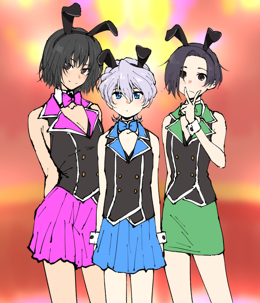 3girls :/ amagami animal_ear_hairband animal_ears arms_behind_back black_hair black_vest blue_bow blue_bowtie blue_eyes blue_skirt bow bowtie breasts brown_eyes bunny_garden character_request cleavage closed_mouth commentary_request copyright_request cosplay crossover detached_collar fake_animal_ears flat_chest flipped_hair green_bow green_bowtie green_skirt grey_hair hairband hand_up henriiku_(ahemaru) highres kobayakawa_rinko lapels looking_at_viewer love_plus medium_hair multiple_crossover multiple_girls nanasaki_ai pencil_skirt pink_bow pink_bowtie pink_skirt pleated_skirt rabbit_ear_hairband rabbit_ears short_hair skirt small_breasts smile standing v v_over_mouth vest wrist_cuffs