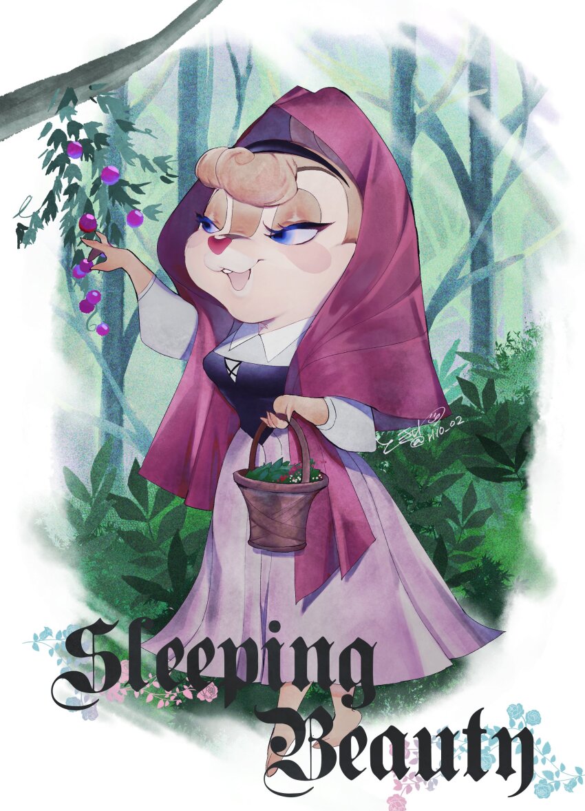 1girl absurdres aurora_(disney) aurora_(disney)_(cosplay) autumn_leaves blue_eyes branch bush chipmunk_ears chipmunk_girl clarice_(disney) company_connection copyright_name cosplay disney dress eyelashes highres leaf looking_at_viewer open_mouth rl10_02 sleeping_beauty smile solo tree