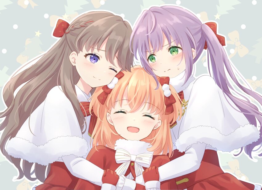 3girls ;3 ^_^ absurdres blush bow braid brown_hair capelet christmas closed_eyes closed_mouth clueless commentary crossed_bangs english_text flying_sweatdrops fujishima_megumi fur-trimmed_capelet fur_trim fuyu_no_okurimono_(love_live!) girl_sandwich glaring green_background green_eyes hair_bow half_up_braid hanazora_satsuki heart high-waist_skirt highres hinoshita_kaho jealous link!_like!_love_live! long_hair looking_at_another love_live! medium_hair multiple_girls musical_note neck_ribbon official_alternate_costume official_alternate_hairstyle one_eye_closed orange_hair otomune_kozue outline purple_eyes purple_hair red_bow red_capelet red_ribbon red_skirt ribbon sandwiched shirt sidelocks skirt split_mouth striped_ribbon symbol-only_commentary twintails two_side_up virtual_youtuber white_capelet white_outline white_ribbon white_shirt yuri