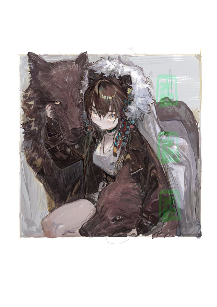 1girl animal animal_ears arknights black_choker breasts brown_coat brown_hair choker cleavage closed_mouth coat dress fur-trimmed_hood fur_trim highres hood hood_up hooded_coat jewelry long_sleeves looking_at_viewer lunacub_(arknights) medium_breasts necklace pipidan short_hair solo v-shaped_eyebrows white_dress wolf wolf_ears yellow_eyes