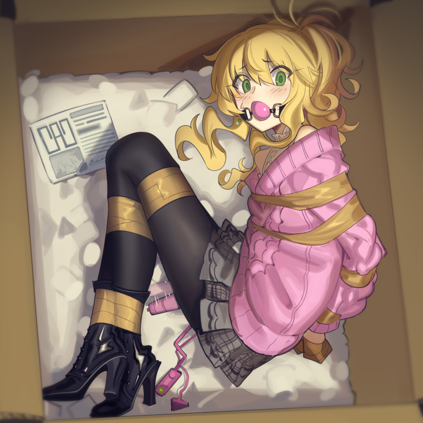 1girl absurdres arms_behind_back ball_gag bare_shoulders bdsm black_pantyhose blonde_hair blush bondage boots bound bound_ankles bound_arms bound_legs bound_wrists box cad_(caddo) egg_vibrator female_focus gag gagged green_eyes high_heel_boots high_heels highres hitachi_magic_wand hoshii_miki idolmaster in_box in_container long_hair looking_at_viewer lying on_side pantyhose pink_sweater pleated_skirt ponytail restrained sex_toy shibari shibari_over_clothes shirt skirt sleeveless sleeveless_shirt solo sweater tape tape_bondage taped_arms taped_hands variant_set vibrator vibrator_under_clothes