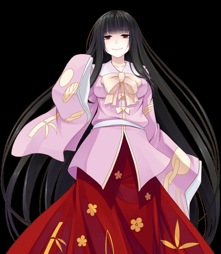 1girl black_hair bow brown_eyes crote female_focus highres houraisan_kaguya long_hair long_skirt long_sleeves skirt sleeves_past_wrists smile solo tears touhou transparent_background very_long_hair