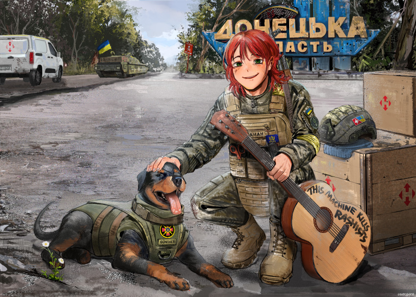 1boy absurdres acoustic_guitar akm androgynous assault_rifle boots box bullet_hole combat_boots commission commissioner_upload dog donetsk_oblast flag flag_on_vehicle flower green_eyes guitar gun gunther_(lapislumos) handgun helmet highres holding holding_guitar holding_instrument idi_nahui instrument international_legion_of_ukraine k9_(dog) kalashnikov_rifle kenneth_del_duca long_hair male_focus military_combat_uniform military_fatigues military_uniform military_vehicle motor_vehicle non-web_source original red_hair rifle road rottweiler russo-ukrainian_war smile soldier squatting street tank timestamp trap ukraine ukrainian_flag ukrainian_ground_forces ukrainian_text usergore van war weapon