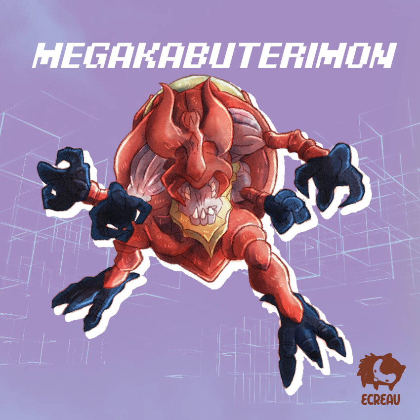 artist_name atlurkabuterimon atlurkabuterimon_(red) bug digimon digimon_(creature) exoskeleton highres horns purple_background rhinoceros_beetle sharp_teeth solo teeth