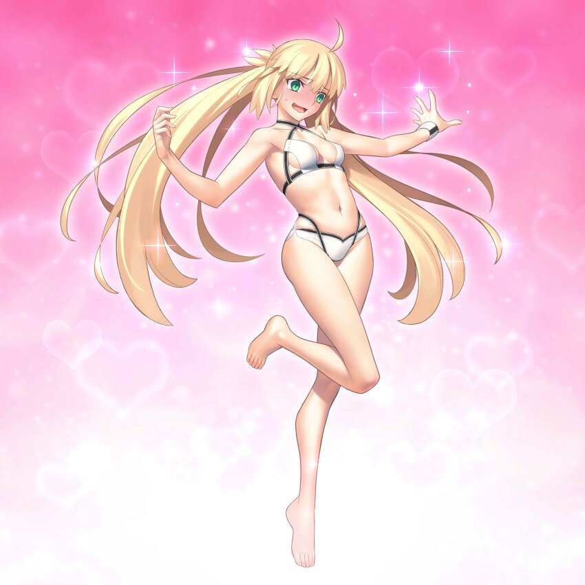 1girl alternate_costume artoria_caster_(fate) artoria_caster_(swimsuit)_(fate) artoria_pendragon_(fate) barefoot bikini bird blonde_hair blush bracelet closed_mouth eagle fate/grand_order fate_(series) grass green_eyes hat highres jewelry long_sleeves mob_cap navel official_alternate_costume official_art smile swimsuit takeuchi_takashi twintails white_headwear