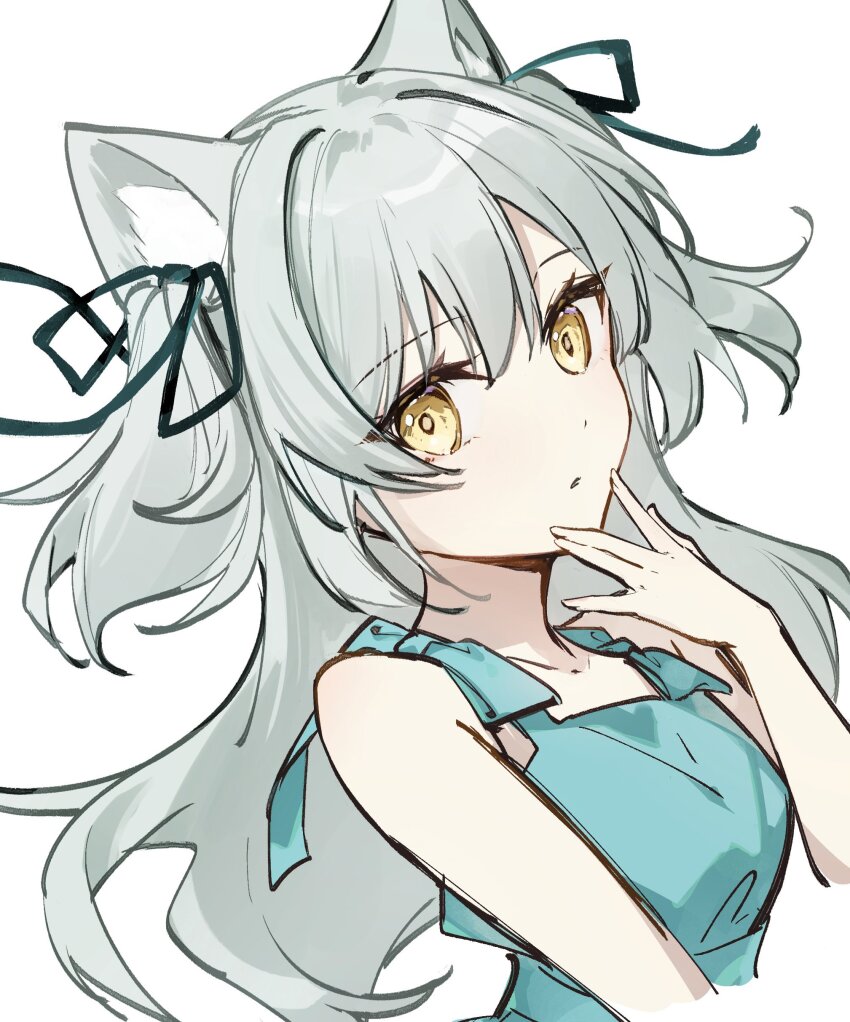 1girl absurdres animal_ear_fluff animal_ears bare_arms bare_shoulders blue_dress breasts brown_eyes collarbone commentary_request dress green_ribbon grey_hair hair_between_eyes hair_ribbon hand_up highres long_hair looking_at_viewer mochizuki_shiina original parted_lips ribbon simple_background sleeveless sleeveless_dress small_breasts solo two_side_up upper_body very_long_hair white_background