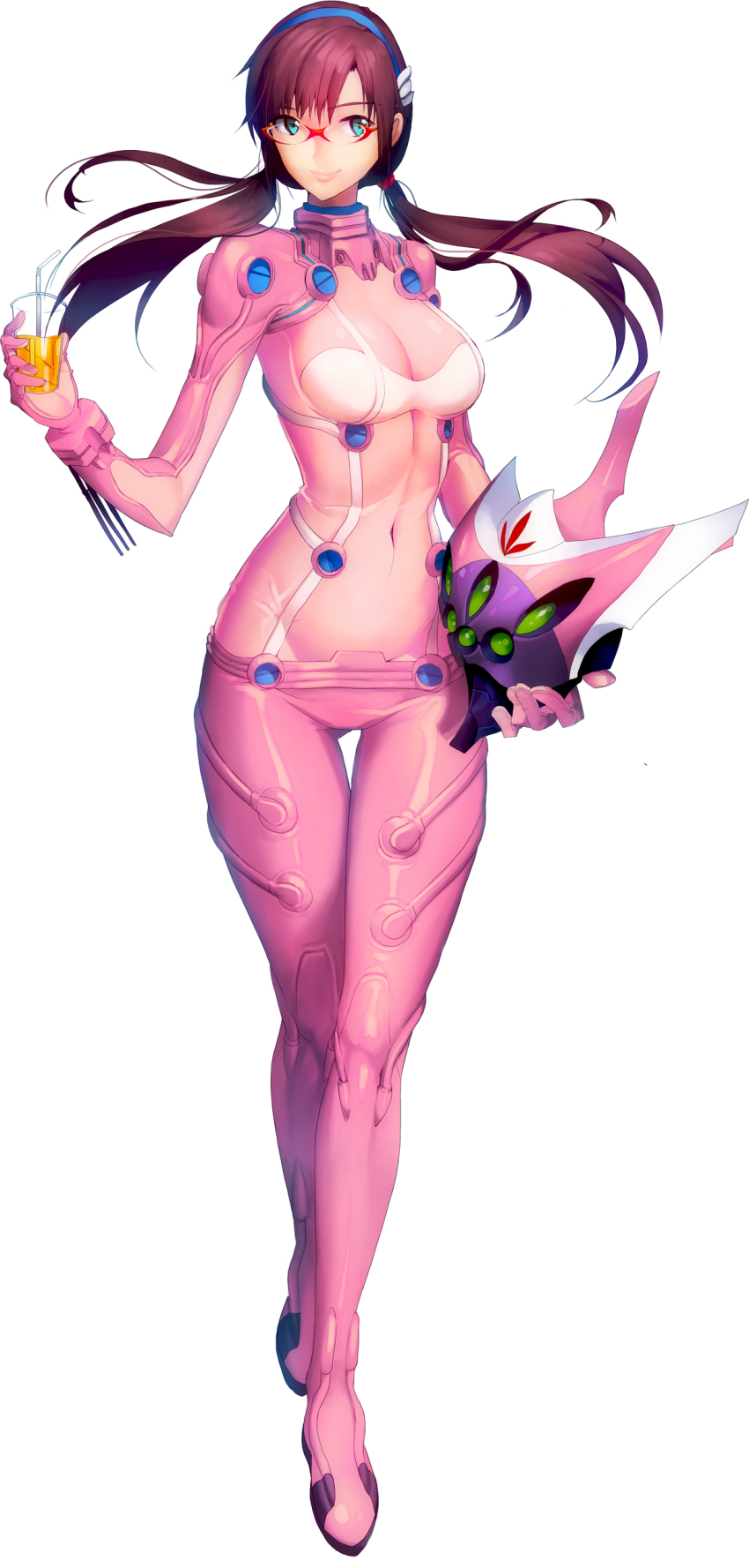 00s 10s 1girl absurdres aqua_eyes bodysuit bracer breasts brown_hair covered_navel crossed_legs cup drink drinking_straw eva_08 evangelion:_2.0_you_can_(not)_advance evangelion:_3.0_you_can_(not)_redo female_focus floating_hair glasses gloves grey_hair groin hairband helmet highres hip_focus holding large_breasts light_smile lips long_hair looking_to_the_side low_twintails makinami_mari_illustrious matsuki_ringo mecha_pilot_suit narrow_waist navel neon_genesis_evangelion plugsuit_(evangelion) rebuild_of_evangelion red-framed_eyewear see-through_clothes semi-rimless_eyewear simple_background smile solo test_plugsuit_(evangelion) thigh_gap turtleneck twintails unworn_headwear unworn_helmet white_background