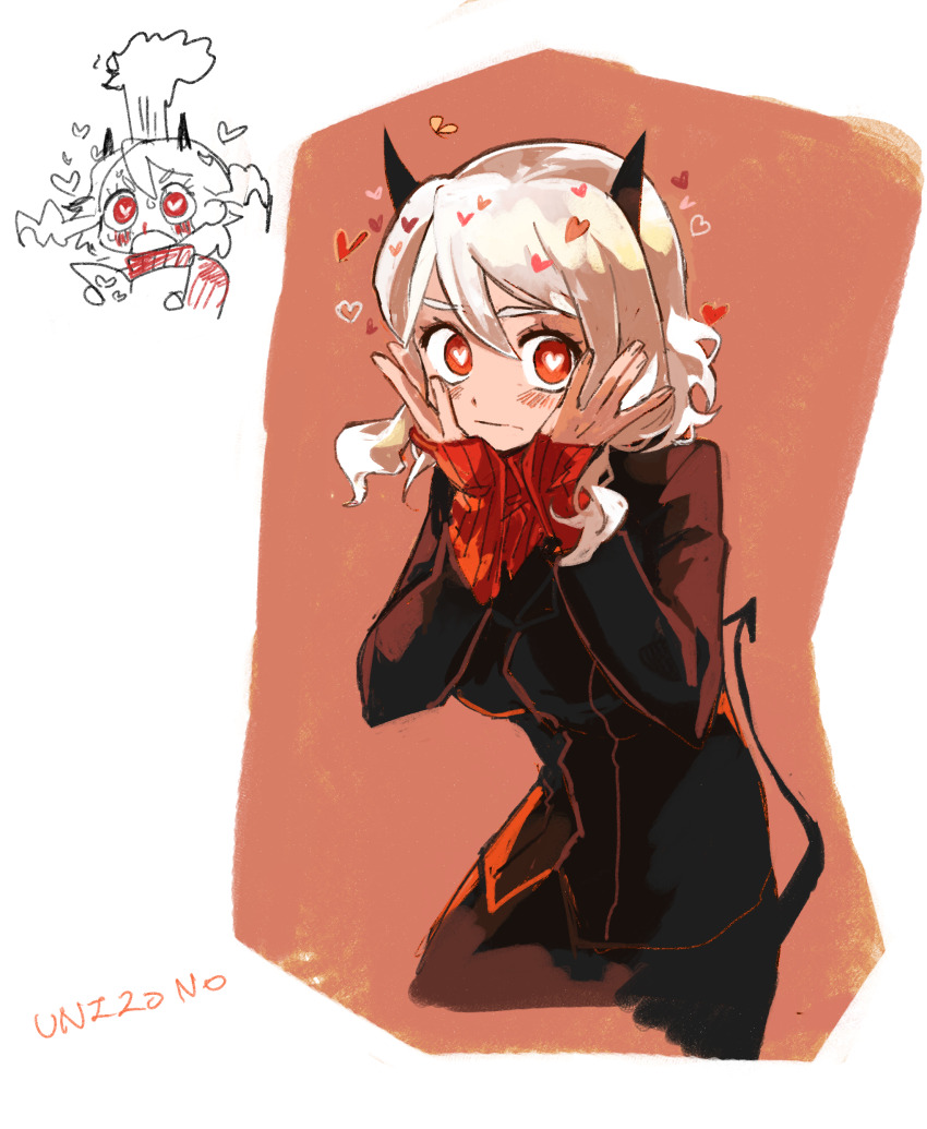 1girl absurdres blush demon_girl demon_horns formal_clothes helltaker highres horns looking_at_viewer medium_hair modeus_(helltaker) pantyhose red_background red_pantyhose solo suit tail uninosono white_hair