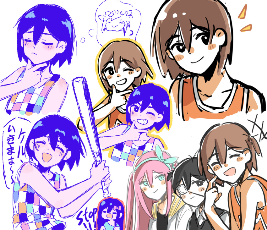 2girls 3boys alternate_eye_color aubrey_(faraway)_(omori) aubrey_(headspace)_(omori) aubrey_(omori) bailan1130 baseball_bat basil_(headspace)_(omori) basil_(omori) black_eyes black_hair black_sweater_vest blue_eyes blue_hairband blue_shirt blush bow bright_pupils brown_hair closed_eyes closed_mouth collarbone collared_shirt colored_skin double-parted_bangs eyepatch grin hair_bow hairband highres holding holding_baseball_bat jacket kel_(faraway)_(omori) kel_(headspace)_(omori) kel_(omori) long_hair looking_at_viewer multiple_boys multiple_girls omori open_mouth parted_lips pink_bow pink_hair purple_eyes purple_hair shirt short_hair short_sleeves smile speech_bubble spoilers sunny_(omori) sweater_vest t-shirt tank_top teeth thought_bubble translation_request white_jacket white_pupils white_shirt white_skin