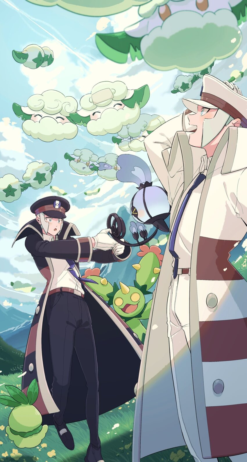 2boys belt black_coat black_footwear black_hat black_pants blue_necktie brothers chandelure cloud cloudy_sky coat collared_shirt commentary_request cottonee emmet_(pokemon) flower gen_5_pokemon gloves grass grey_eyes grey_hair hat high_collar highres ingo_(pokemon) long_sideburns male_focus maractus moriyuisu mountain multicolored_coat multiple_boys necktie nintendo open_clothes open_coat pants peaked_cap petilil pokemon pokemon_(creature) pokemon_bw red_belt shirt shirt_tucked_in short_hair siblings sideburns sky standing tie_clip twins two-tone_coat white_coat white_gloves white_hat white_pants white_shirt