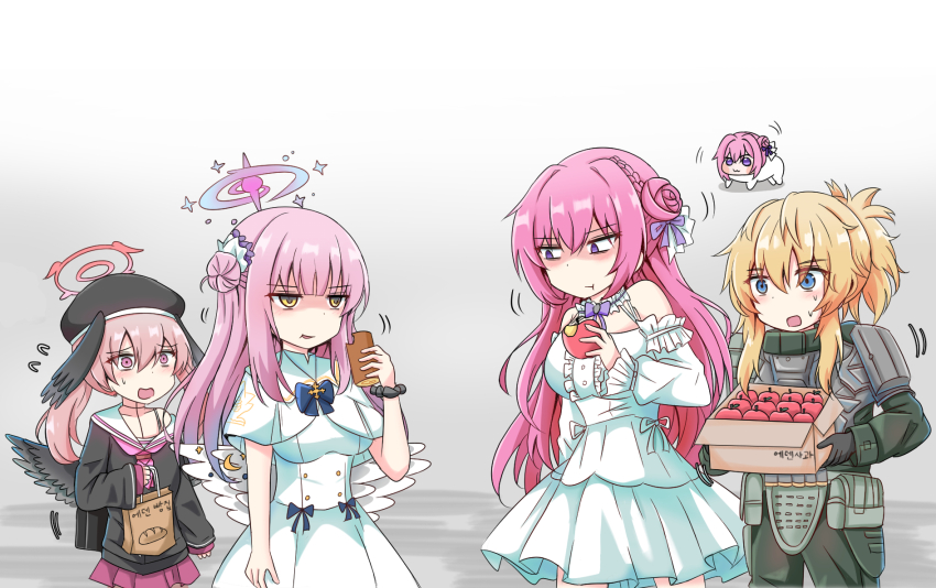 4girls angel_wings apple armor bare_shoulders beret black_hat black_wings blonde_hair blue_archive blue_eyes breasts cake capelet cyberdemon_no3 doro_(nikke) dorothy_(nikke) dress feathered_wings flower-shaped_hair food frilled_dress frilled_ribbon frills fruit goddess_of_victory:_nikke hair_bun hair_intakes hair_ornament halo hat head_wings highres holding holding_food holding_fruit koharu_(blue_archive) large_breasts long_hair long_sleeves low_wings mika_(blue_archive) multiple_girls neckerchief open_mouth pink_eyes pink_hair pink_halo pink_neckerchief pinne_(nikke) ponytail product_23_(nikke) purple_eyes purple_ribbon red_halo ribbon sailor_collar scrunchie short_ponytail shoulder_armor sidelocks single_side_bun swiss_roll twintails white_capelet white_dress white_sailor_collar white_wings wing_ornament wings yellow_eyes