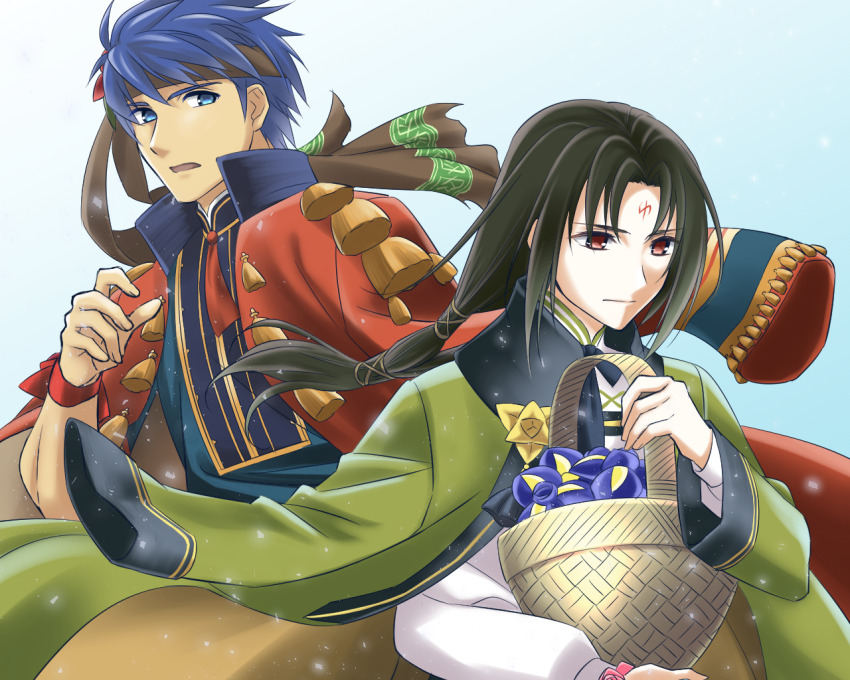 2boys arm_out_of_sleeve basket black_hair blue_eyes blue_hair coat coat_on_shoulders commentary_request facial_mark fire_emblem fire_emblem:_path_of_radiance fire_emblem_heroes flower flower_basket forehead_mark headband holding holding_basket ike_(fire_emblem) ike_(valentine)_(fire_emblem) kakiko210 long_hair male_focus multiple_boys nintendo official_alternate_costume red_eyes short_hair soren_(fire_emblem) soren_(valentine)_(fire_emblem) upper_body