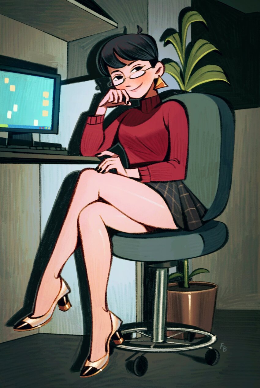 1girl ahoge black-framed_eyewear black_hair blush breasts chair commentary computer_keyboard earrings english_commentary friedbaens high_heels highres jewelry looking_at_viewer medium_breasts monitor office office_chair original plaid_clothes plaid_skirt plant potted_plant red_sweater semi-rimless_eyewear short_hair skirt smile solo sweater swivel_chair thighs triangle_earrings turtleneck turtleneck_sweater
