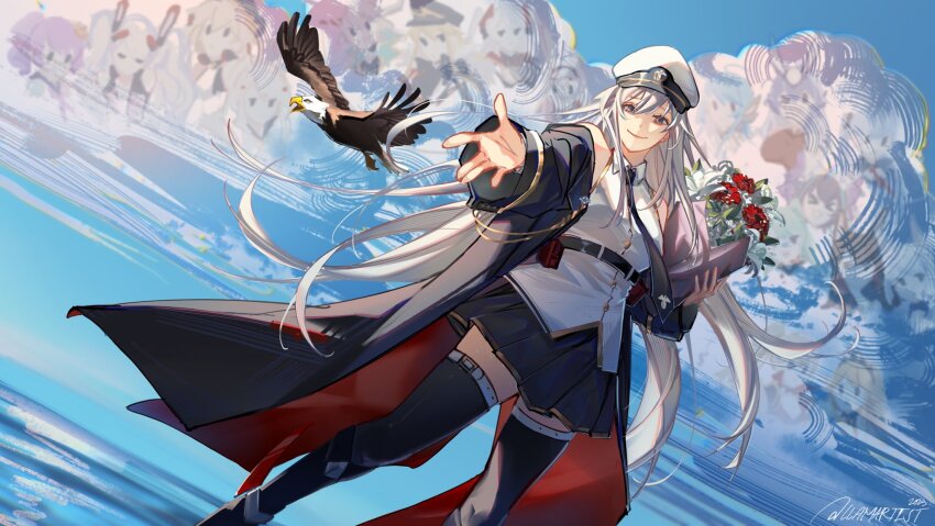 1girl akagi_(azur_lane) akashi_(azur_lane) ayanami_(azur_lane) azur_lane bald_eagle bird bismarck_(azur_lane) bismarck_zwei_(azur_lane) black_coat black_necktie black_skirt black_thighhighs blue_sky bouquet cheshire_(azur_lane) closed_mouth cloud coat collared_shirt commentary eagle english_commentary enterprise_(azur_lane) essex_(azur_lane) flower grey_eyes grim_(azur_lane) hair_between_eyes hair_spread_out hakuryuu_(azur_lane) hat helena_(azur_lane) highres holding holding_bouquet javelin_(azur_lane) jean_bart_(azur_lane) kaga_(azur_lane) laffey_(azur_lane) laffey_(retrofit)_(azur_lane) llamartist long_hair looking_at_viewer military_uniform necktie new_jersey_(azur_lane) ocean off_shoulder official_alternate_costume outdoors peaked_cap pleated_skirt prinz_eugen_(azur_lane) reaching reaching_towards_viewer red_flower reflection retrofit_(azur_lane) richelieu_(azur_lane) shimakaze_(azur_lane) shirt signature skirt sky sleeveless sleeveless_shirt smile thighhighs water white_hair white_headwear white_shirt z23_(azur_lane)