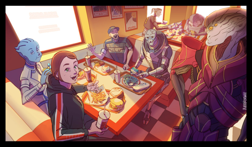 asari_(mass_effect) burger cafe diner drink drinking_straw food french_fries garrus_vakarian grunt_(mass_effect) highres innerman-k jack_(mass_effect) javik_(mass_effect) jeff_moreau joker_(mass_effect) krogan liara_t&#039;soni mass_effect_(series) prothean sandwich tumblr turian