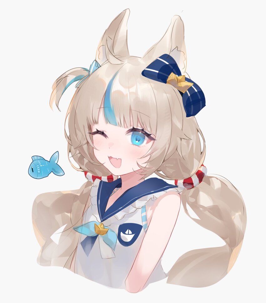 1girl :3 absurdres ahoge animal_ear_fluff animal_ears arms_at_sides bare_arms blonde_hair blue_eyes blue_hair blue_neckerchief blue_ribbon blue_streaks cat_ears commentary cropped_torso dress fang fish hair_ribbon highres indie_virtual_youtuber lifebuoy_hair_ornament light_blush long_hair looking_at_viewer low_twintails multicolored_hair neckerchief nekomeen one_eye_closed one_side_up open_mouth paper_boat ribbon sailor_collar sailor_dress sameko_saba sameko_saba_(fish) simple_background simple_fish skin_fang sleeveless sleeveless_dress smile solo streaked_hair tongue twintails very_long_hair virtual_youtuber white_background white_dress