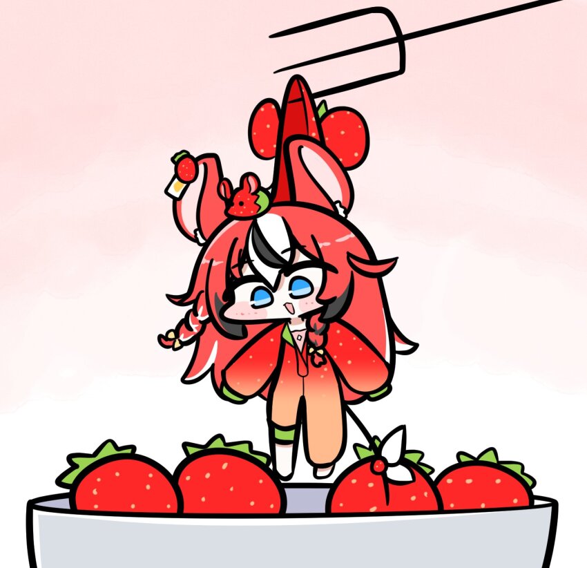 1girl animal_ears black_hair blue_eyes braid chibi food fork fruit full_body hakos_baelz hakos_baelz_(strawberry) highres hololive hololive_english long_hair mini_person mouse_ears mouse_girl mouse_tail mr._squeaks_(hakos_baelz) multicolored_hair open_mouth pajamas red_hair solo strawberry streaked_hair tail tensutensu virtual_youtuber white_hair
