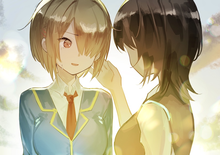 2girls absurdres aoi_erika black_hair blonde_hair blue_jacket breasts brown_vest crying hair_ornament hair_over_one_eye hairclip heaven_burns_red highres jacket kayamori_ruka kr_woyue long_sleeves looking_at_viewer multiple_girls necktie red_eyes shirt short_hair tears vest white_shirt yuri