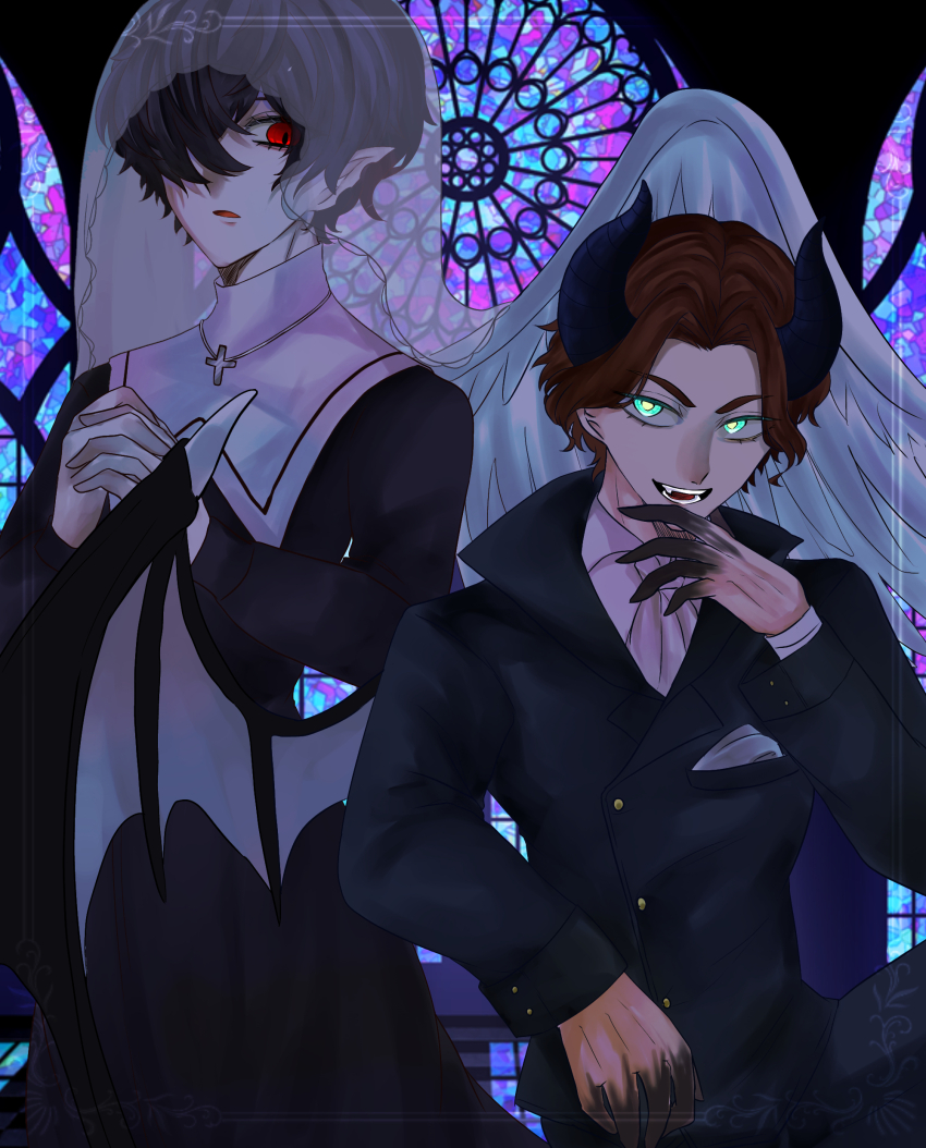 2boys absurdres bags_under_eyes beelzebub_(shuumatsu_no_valkyrie) black_dress black_horns black_jacket black_pants blue_eyes breast_pocket church cloth collared_jacket collared_shirt colored_extremities cowboy_shot cross cross_necklace curly_hair demon demon_boy demon_horns demon_wings dress fang feathered_wings feathers glass hair_between_eyes hand_up high_collar highres horns jacket jewelry long_sleeves looking_at_another male_focus messy_hair multiple_boys neckerchief necklace nikola_tesla_(shuumatsu_no_valkyrie) notched_ear nun open_mouth own_hands_clasped own_hands_together pale_skin pants parted_lips pocket pointy_ears praying red_eyes robe see-through_clothes see-through_veil shirt short_hair shuumatsu_no_valkyrie slit_pupils stained_glass traditional_nun turtleneck turtleneck_dress upper_body veil white_feathers white_neckerchief white_shirt white_veil white_wings wing_collar wings