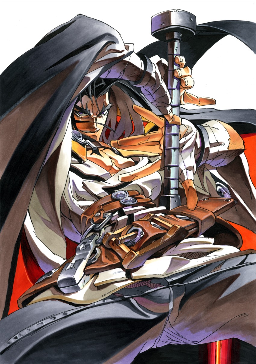 1boy bandages belt black_pants blazblue cape eyebrows forked_eyebrows highres ishiwatari_daisuke kagura_mutsuki male_focus pants solo source_request sword weapon wrist_wrap