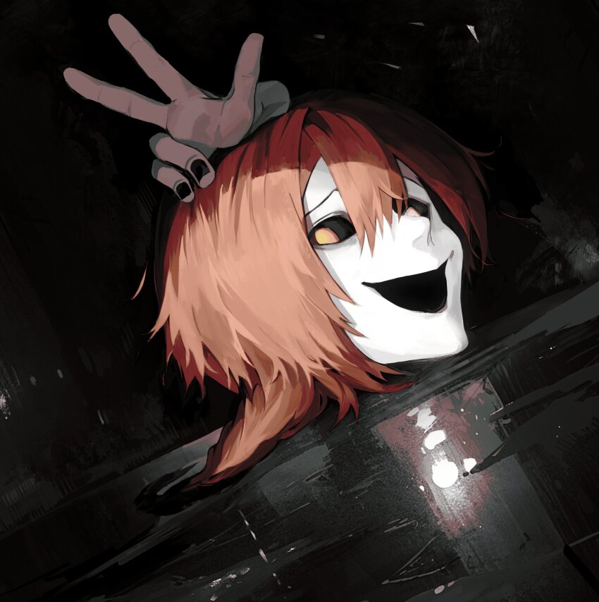 1boy absurdres braid commentary english_commentary highres homicipher long_hair male_focus mr._chopped night orange_eyes orange_hair outdoors puddle rain severed_head severed_limb solo v yonq98