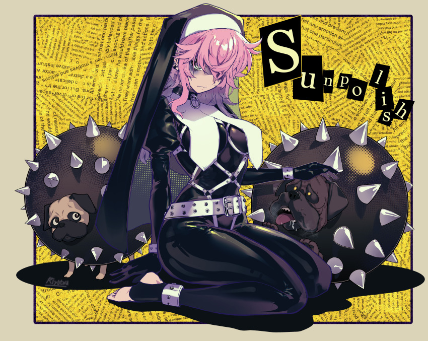 1girl absurdres ankle_cuffs belt black_bodysuit black_veil bodysuit breasts bulldog collar cuffs dog earrings guimpe hair_over_eyes harness highres jewelry juliet_sleeves latex latex_bodysuit long_hair long_sleeves medium_breasts nun original pink_eyes pink_hair puffy_sleeves pug ryuu_tou seiza shiny_clothes signature sitting skin_tight spiked_ball stirrup_legwear toeless_legwear veil