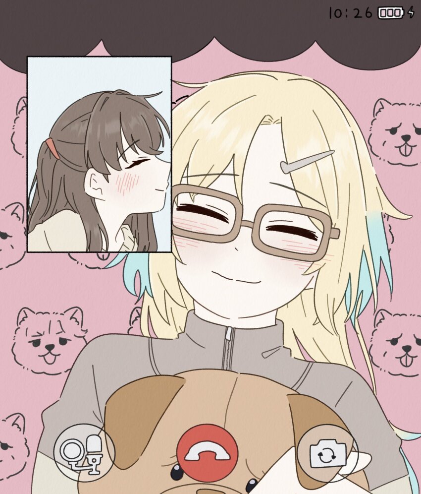 2girls animal_background battery_indicator blonde_hair blue_hair brown_hair brown_shirt brown_sweater closed_eyes commentary_request fake_phone_screenshot fake_screenshot fujishima_megumi gochujang_video_call_template gradient_hair hair_ornament hairclip highres hugging_doll hugging_object korean_commentary lightning_bolt_symbol link!_like!_love_live! long_hair love_live! multicolored_hair multiple_girls osawa_rurino osawa_rurino_(summer_loungewear) parted_bangs pink_background profile shirt stuffed_animal stuffed_dog stuffed_toy sweater two_side_up upper_body video_call virtual_youtuber zueka27