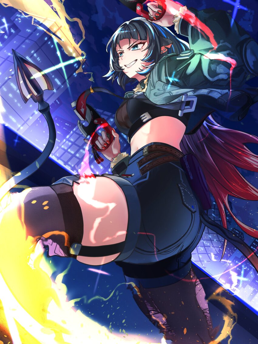 1girl absurdres animal_ears black_hair cityscape crop_top fur-trimmed_jacket fur_trim garter_straps green_eyes green_jacket harukimatsui_25 high-waist_shorts highres jacket jane_doe_(zenless_zone_zero) long_hair midriff mouse_ears mouse_girl mouse_tail multicolored_hair night pantyhose red_hair red_nails sharp_tail shorts single_garter_strap tail torn_clothes torn_pantyhose two-tone_hair zenless_zone_zero