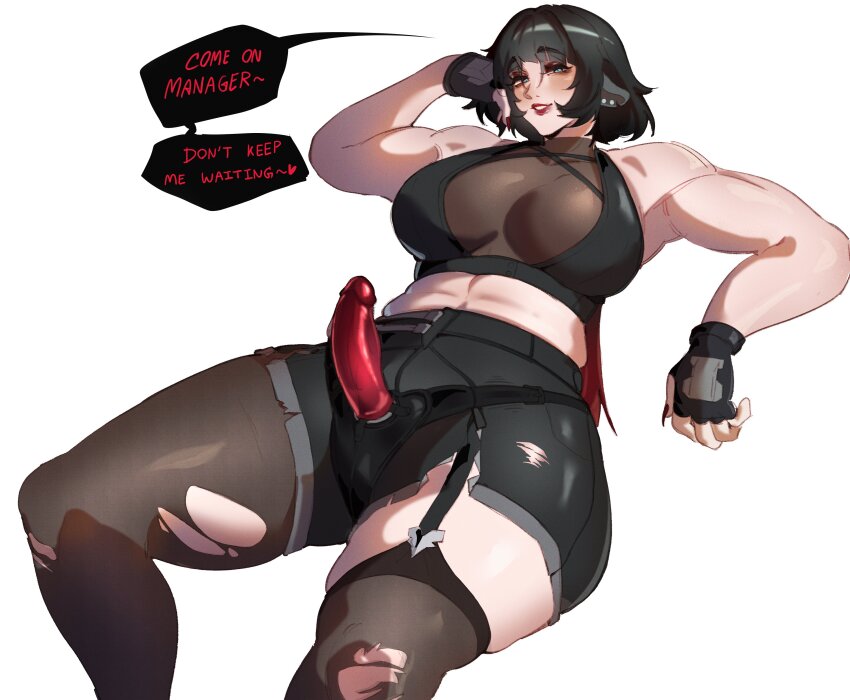 1girl absurdres alternate_muscle_size animal_ears bare_shoulders black_gloves black_hair black_shorts breasts dildo eyeshadow fingerless_gloves gloves highres jane_doe_(zenless_zone_zero) large_breasts long_hair makeup mouse_ears mouse_girl multicolored_hair muscular muscular_female pantyhose red_hair sex_toy shorts simple_background sitting smile strap-on tail thick_thighs thighs torn_clothes torn_pantyhose white_background wide_hips wktfrv47n zenless_zone_zero