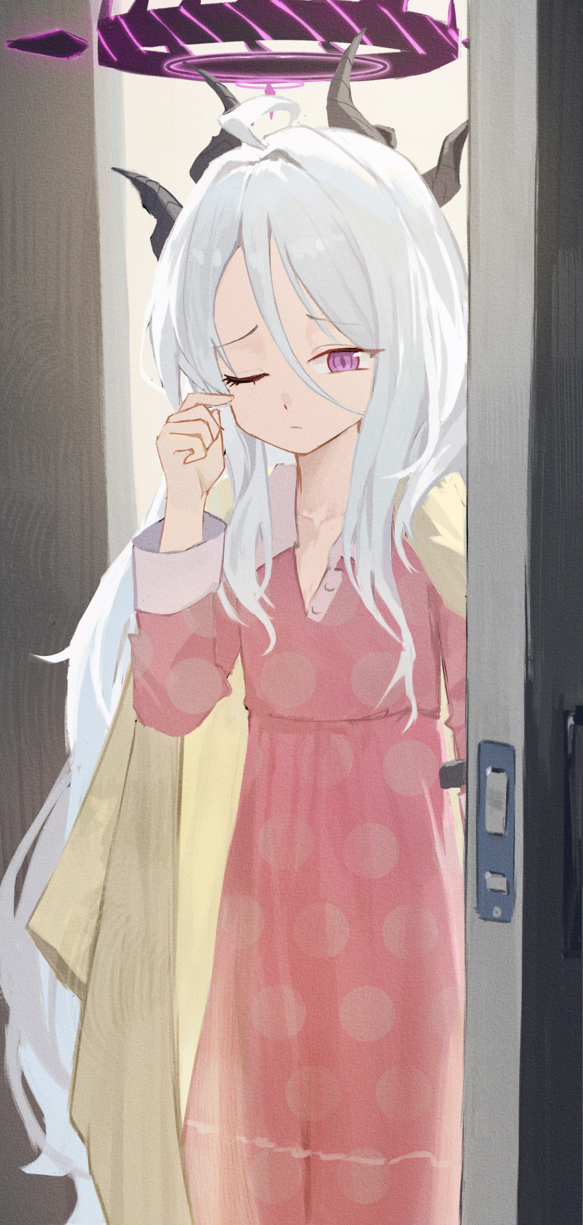 1girl absurdres black_horns blue_archive cardigan closed_mouth demon_girl demon_horns dress flat_chest haimaotuanzi halo highres hina_(blue_archive) hina_(pajamas)_(blue_archive) horns long_hair long_sleeves official_alternate_costume one_eye_closed pajamas pink_dress pink_pajamas polka_dot purple_eyes purple_halo solo very_long_hair white_hair yellow_cardigan