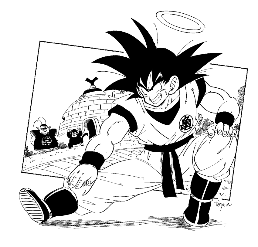 3boys antennae arms_behind_back boots bubbles_(dragon_ball) dougi dragon_ball dragonball_z excited fenyon grin halo hand_on_own_knee highres igloo medium_hair monkey monochrome multiple_boys muscular muscular_male north_kaiou orange_dougi pointy_ears signature smile snow_shelter son_goku spiked_hair stretching