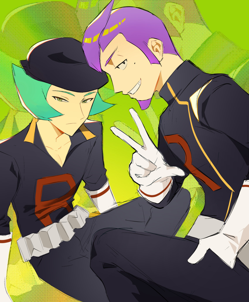 2boys beard beret black_hat facial_hair gloves green_background green_hair hat highres looking_at_viewer male_focus mole mole_under_eye multiple_boys nintendo petrel_(pokemon) pokemon pokemon_hgss proton_(pokemon) purple_hair sioma709iie team_rocket team_rocket_uniform w white_gloves zoom_layer