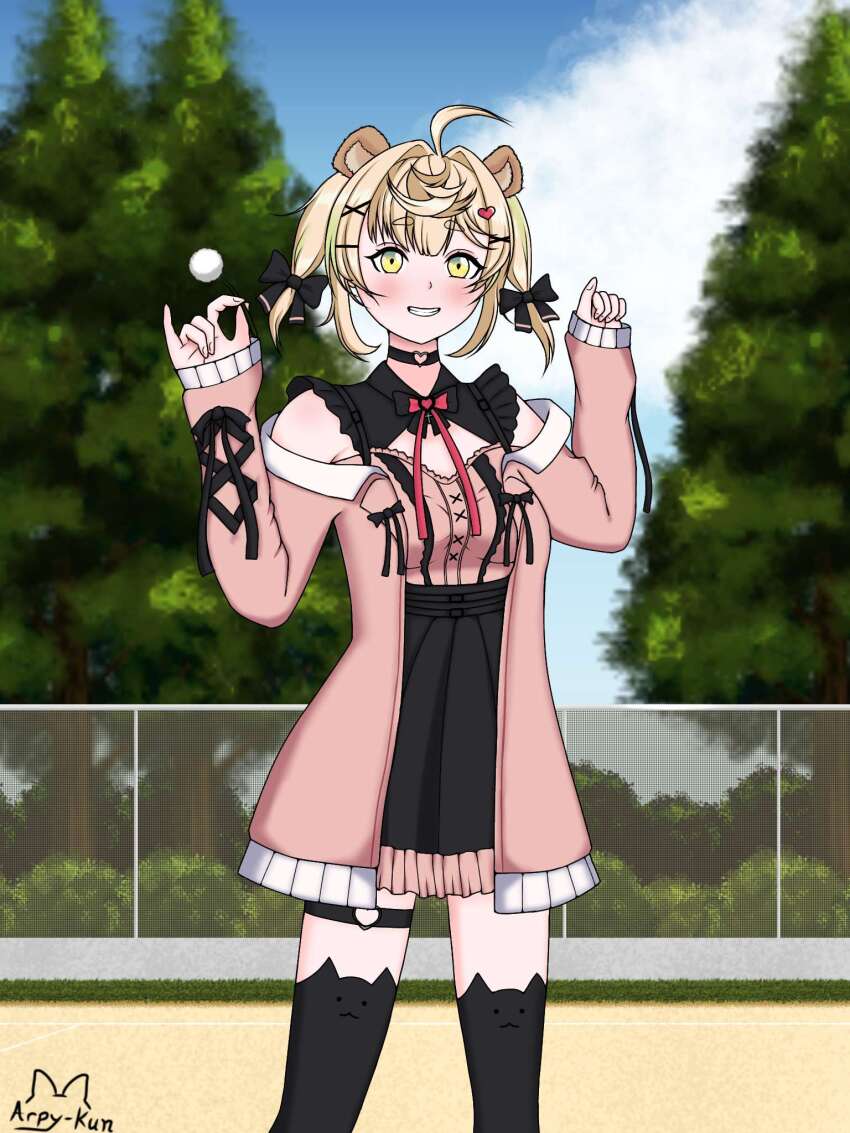 1girl ahoge animal_ears artist_name blush bow bush commission daisy_dandelion dress eyebrows grass hair_bow hair_ornament hair_ribbon heart heart_hair_ornament highres chromashift knee_up knees_up looking_at_viewer official_alternate_costume outdoors ribbon skirt smile solo standing teeth thighhighs thighs tree virtual_youtuber x_hair_ornament