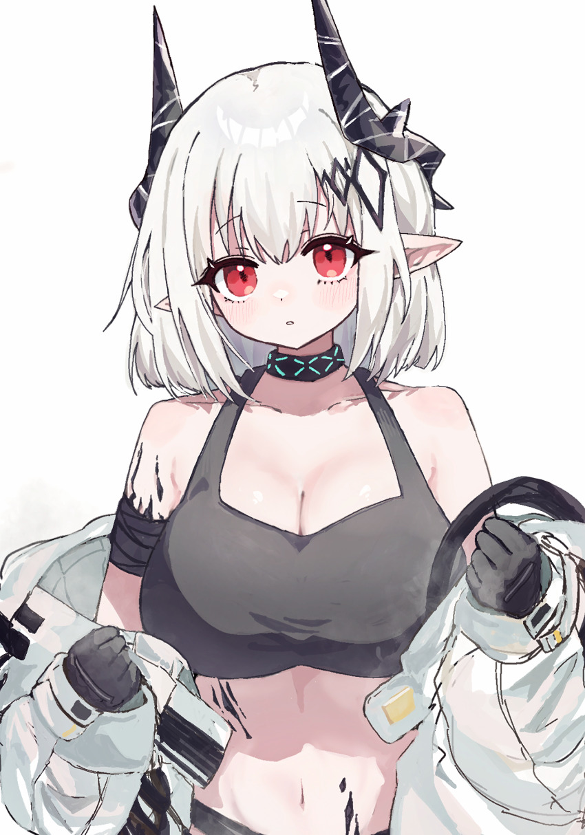 1girl arknights bare_shoulders black_gloves black_horns black_sports_bra blush breasts cleavage collarbone commentary crop_top gloves highres horns infection_monitor_(arknights) large_breasts long_sleeves looking_at_viewer material_growth midriff morita_(pixiv31883607) mudrock_(arknights) mudrock_(elite_ii)_(arknights) navel off_shoulder oripathy_lesion_(arknights) parted_lips pointy_ears red_eyes short_hair simple_background sleeveless solo sports_bra upper_body white_background white_hair