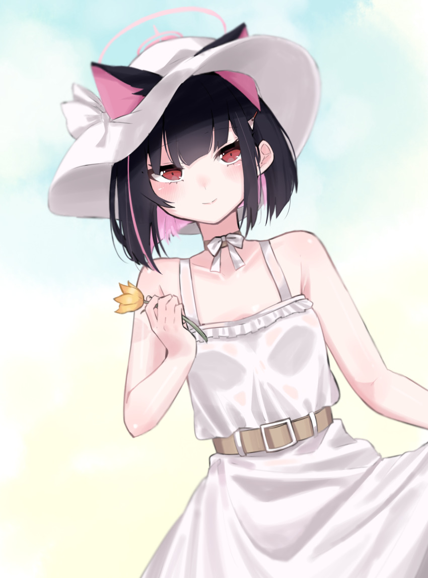 1girl animal_ears bare_shoulders black_hair blue_archive blunt_bangs blunt_ends blurry blurry_background blush bob_cut cat_ears cat_girl closed_mouth collarbone colored_inner_animal_ears colored_inner_hair commentary_request cowboy_shot dress ears_through_headwear extra_ears flower from_above halo hand_up happy hat highres holding holding_flower kazusa_(blue_archive) looking_at_viewer multicolored_hair negu_(pixiv_6519140) pink_hair pink_halo red_eyes short_hair simple_background skirt_hold sleeveless sleeveless_dress smile solo sun_hat sundress white_dress white_hat yellow_flower