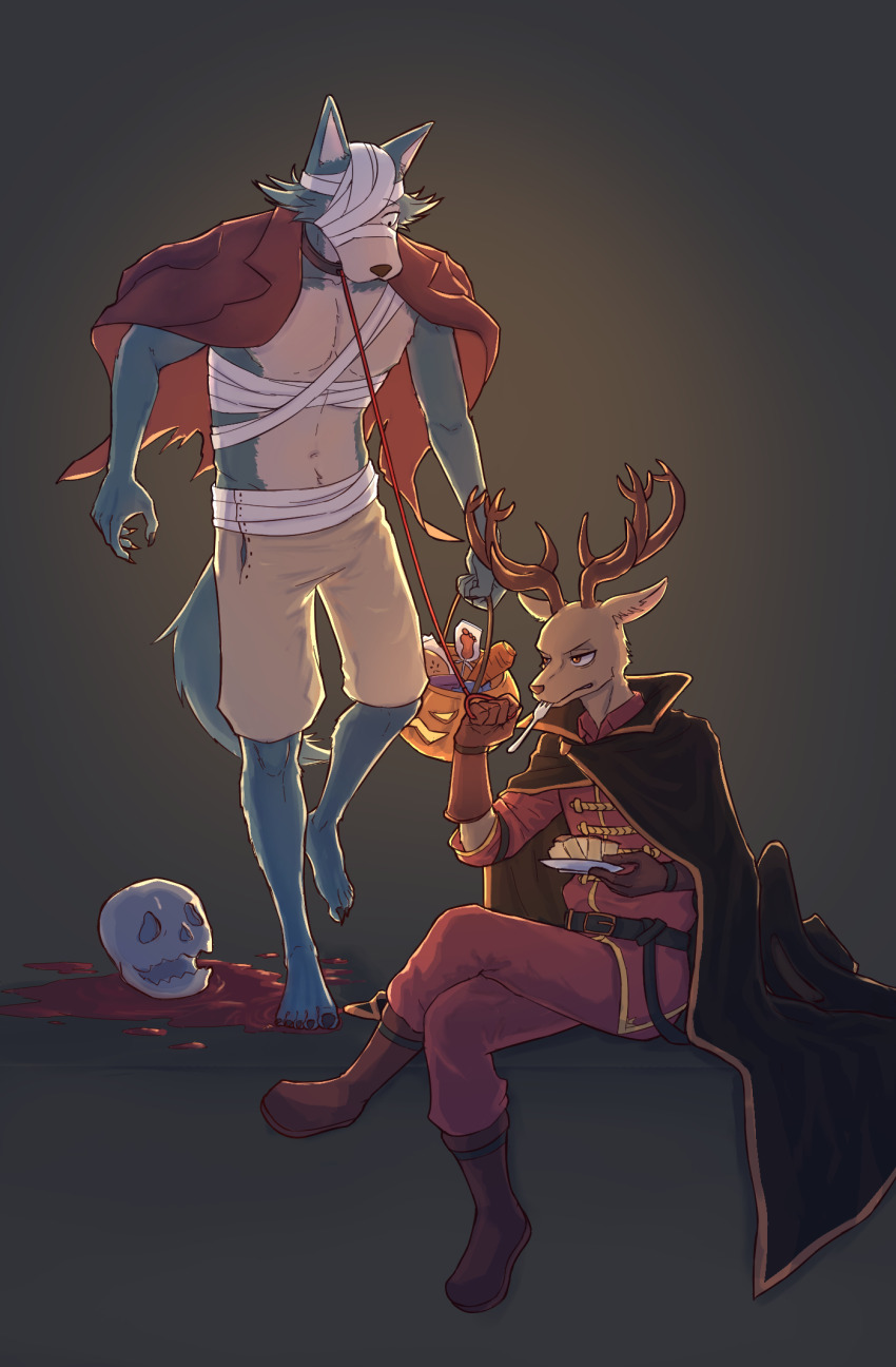 2boys bandage_over_one_eye barefoot beastars black_cape blood boots cape carrot deer_boy eating furry furry_male gloves halloween_bucket hierotubas highres holding holding_leash jacket leash legoshi louis_(beastars) male_focus multiple_boys navel pants red_jacket red_pants shorts skull utensil_in_mouth wolf_boy