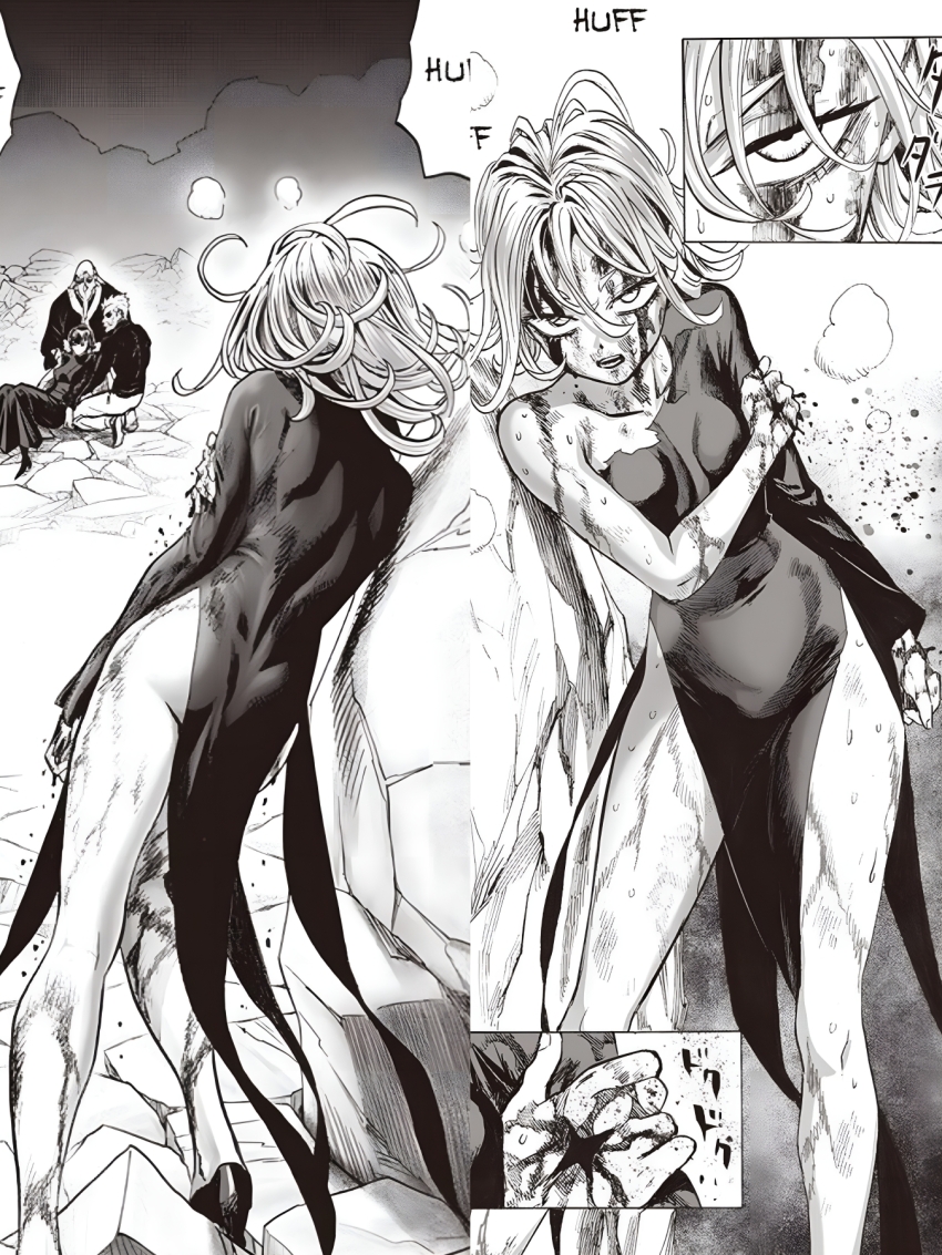 2boys 2girls ass bang_(one-punch_man) bare_shoulders bleeding blood blood_from_forehead bomb_(one-punch_man) breasts collarbone exhausted female_focus flat_chest fubuki_(one-punch_man) heel-less_shoes highres hole_in_head legs loli long_sleeves lying manga_page monochrome multiple_boys multiple_girls murata_yuusuke no_bra no_panties official_art on_back one-punch_man short_hair sleeveless small_breasts stitched tatsumaki thighs third-party_edit