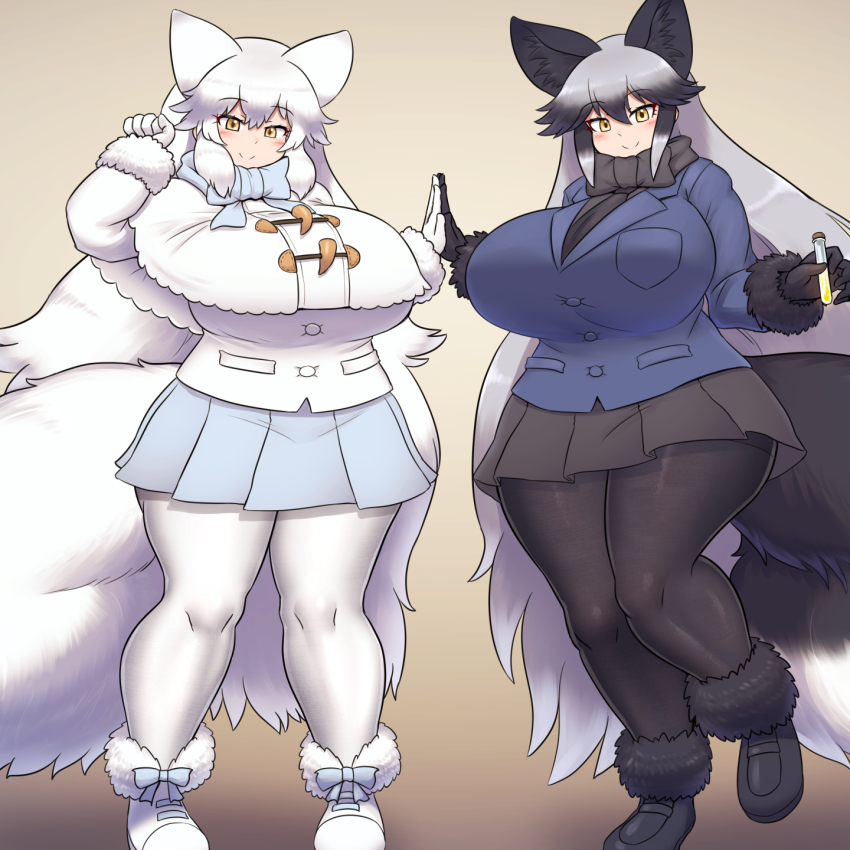 2girls animal_ear_fluff animal_ears arctic_fox_(kemono_friends) black_bow black_bowtie black_gloves black_hair blue_bow blue_bowtie blue_jacket bow bowtie breasts capelet curvy extra_ears fox_ears fox_girl fox_tail full_body fur-trimmed_sleeves fur_trim gloves gradient_background grey_hair hair_between_eyes highres holding holding_hands holding_test_tube huge_breasts jacket kemono_friends long_hair long_sleeves looking_at_viewer mo23 multicolored_hair multiple_girls pantyhose silver_fox_(kemono_friends) skirt standing tail test_tube white_gloves white_hair white_jacket white_pantyhose winter_clothes yellow_eyes