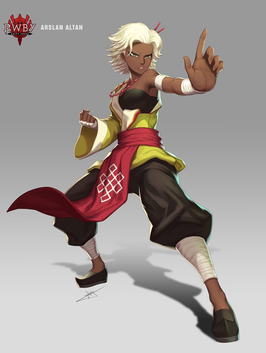 1girl arslan_altan black_footwear black_pants blonde_hair character_name commentary copyright_logo copyright_name dark-skinned_female dark_skin english_commentary fingerless_gloves full_body gloves green_eyes highres official_art outstretched_arm pants rwby short_hair signature simple_background solo standing uyalago v-shaped_eyebrows white_gloves