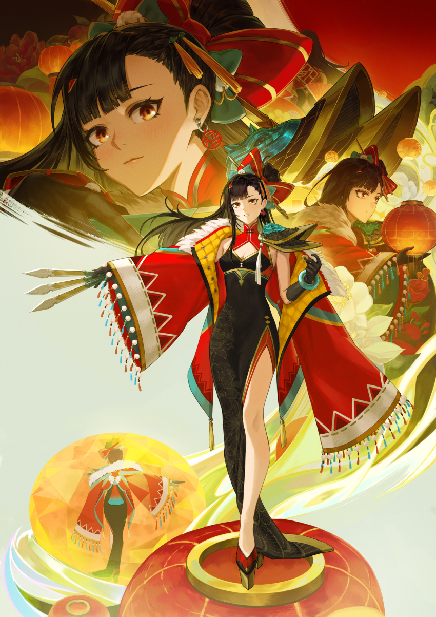 1girl absurdres alternate_costume armor black_dress black_hair china_dress chinese_clothes dress full_body girls&#039;_frontline girls&#039;_frontline_2:_exilium highres karlhe knife qbz-191_(girls&#039;_frontline) qiongjiu_(girls&#039;_frontline_2) shoulder_armor solo yellow_eyes